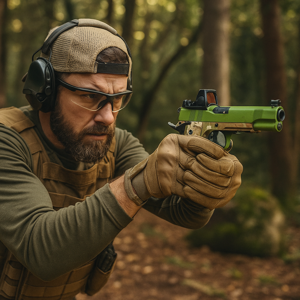 Uomo che gioca a softair con la pistola Raven