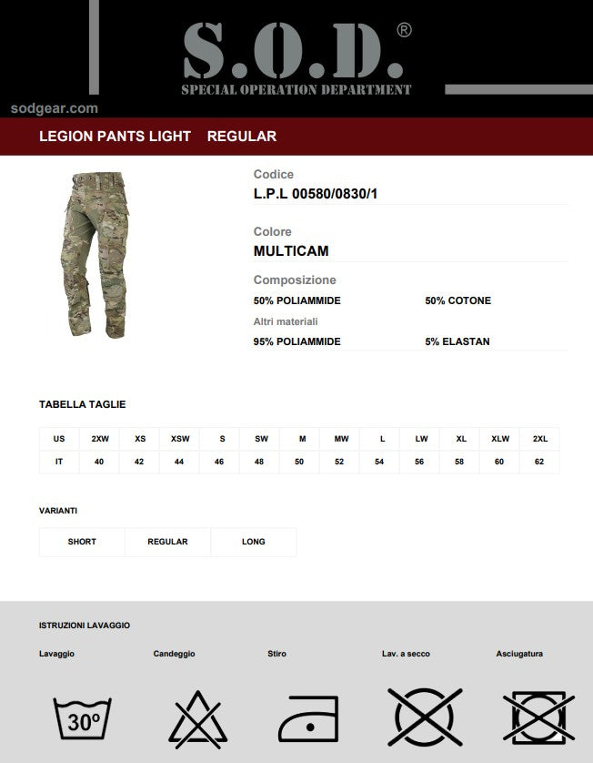 Pantalone da Combattimento Legion Pants Light SOD Gear - Multicam