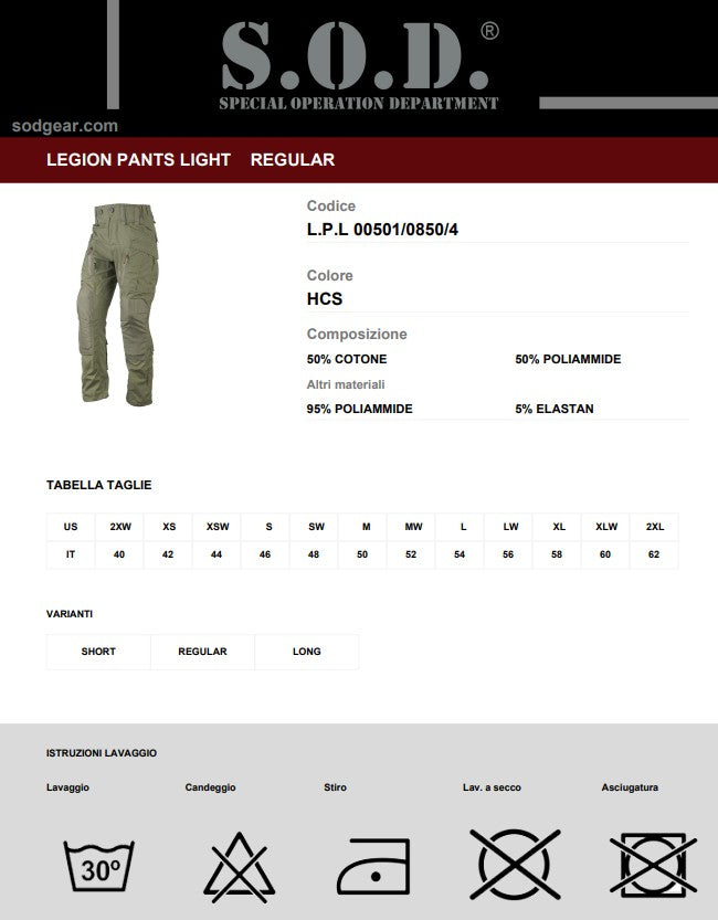 Pantalone Tattico Legion Pants Light SOD Gear - HCS